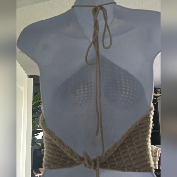 Gianni Bini Tan Crochet Edie Skirt Set Halter Top Natural Midi Skirt L Large - Picture 10 of 12